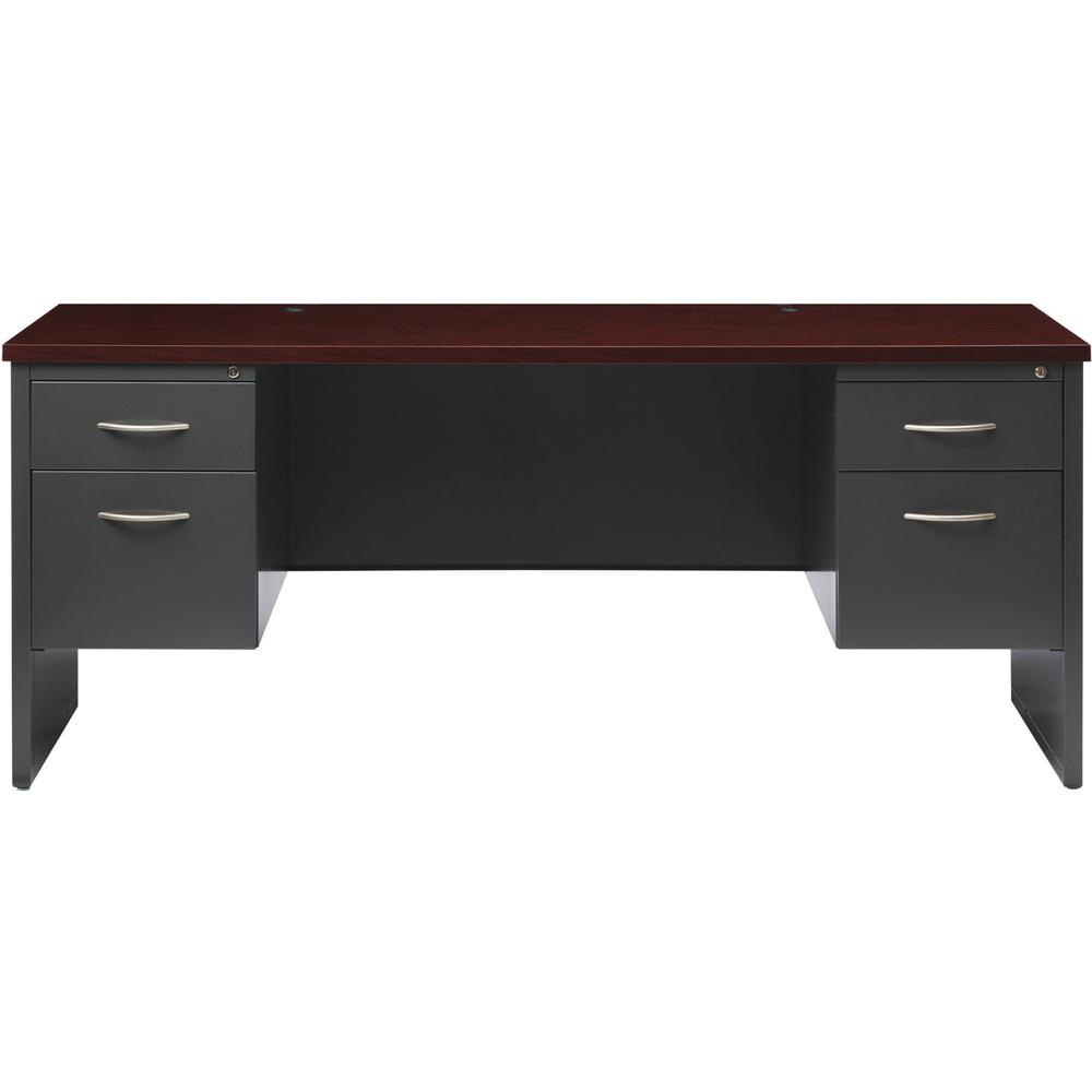 Lorell Fortress Modular Series Double-pedestal Credenza - 72" x 24" , 1.1" Top - 2 x Box, File Drawer(s) - Double Pedestal - Material: Steel - Finish: Mahogany Laminate, Charcoal - Scratch Resistant, . Picture 2