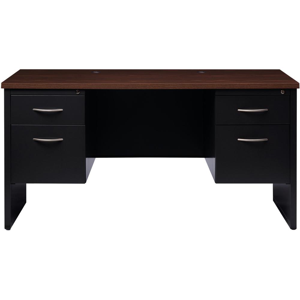 Lorell Fortress Modular Series Double-pedestal Credenza - 60" x 24" , 1.1" Top - 2 x Box, File Drawer(s) - Double Pedestal - Material: Steel - Finish: Walnut Laminate, Black - Scratch Resistant, Stain. Picture 3