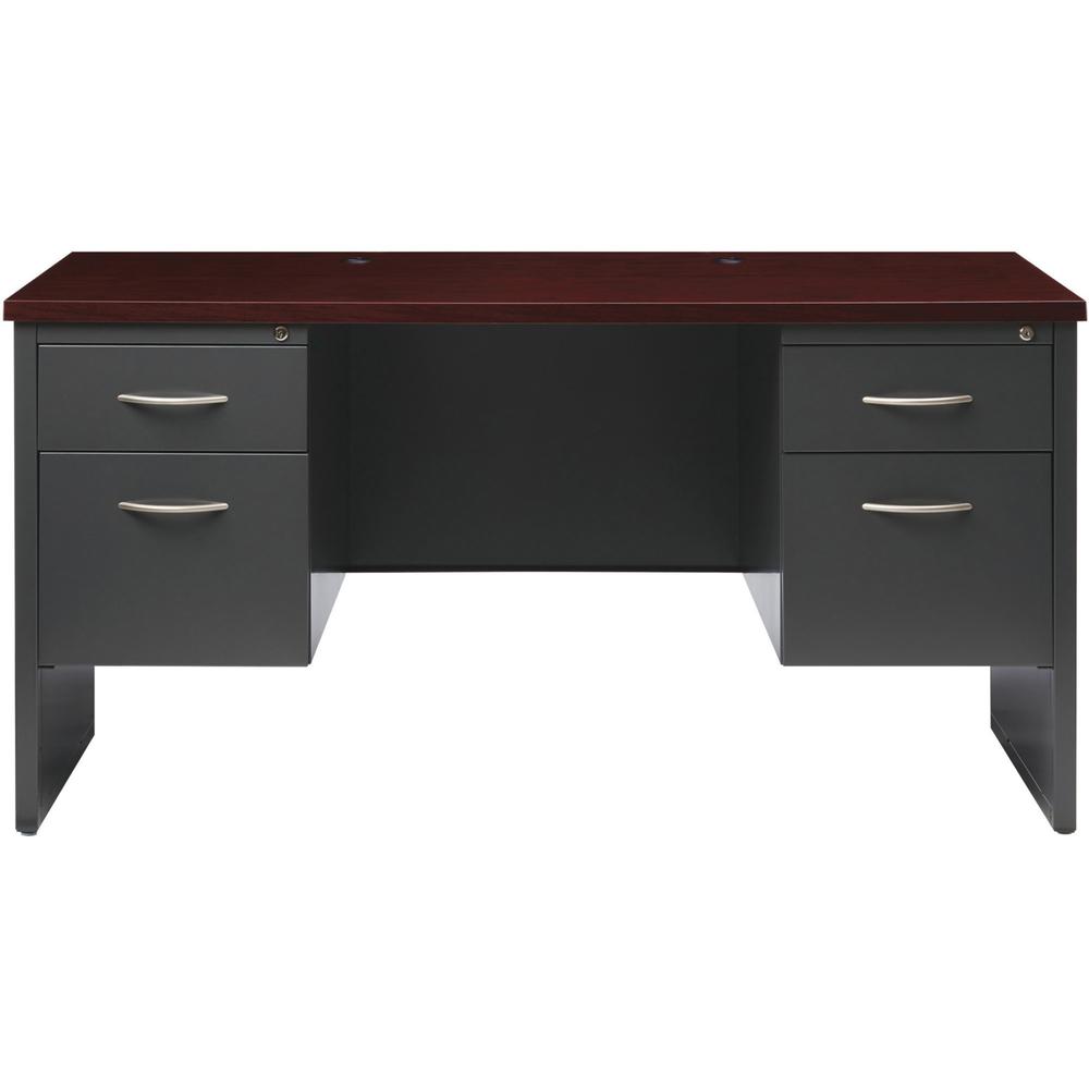 Lorell Fortress Modular Series Double-pedestal Credenza - 60" x 24" , 1.1" Top - 2 x Box, File Drawer(s) - Double Pedestal - Material: Steel - Finish: Mahogany Laminate, Charcoal - Scratch Resistant, . Picture 2