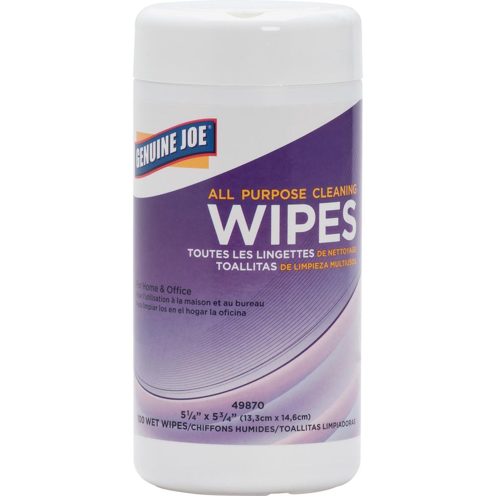 Genuine Joe All Purpose Cleaning Wipes - 5.88" Length x 5.13" Width - 100 / Canister - 12 / Carton - Pre-moistened, Non-abrasive, Non-toxic, Soft - Multi. Picture 3