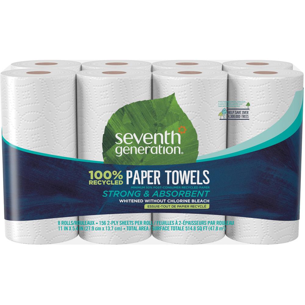 Seventh Generation 100% Recycled Paper Towels - 2 Ply - 156 Sheets/Roll - White - Paper - Absorbent, Chlorine-free, Chemical-free, Dye-free, Fragrance-free - 8 Per Pack - 4 / Carton. Picture 2