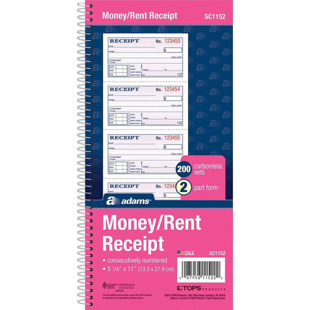 Adams Spiral 2-part Money/Rent Receipt Book - 200 Sheet(s) - Spiral Bound - 2 Part - 11" x 5.25" Form Size - White, Canary - Assorted Sheet(s) - 5 / Pack. Picture 3