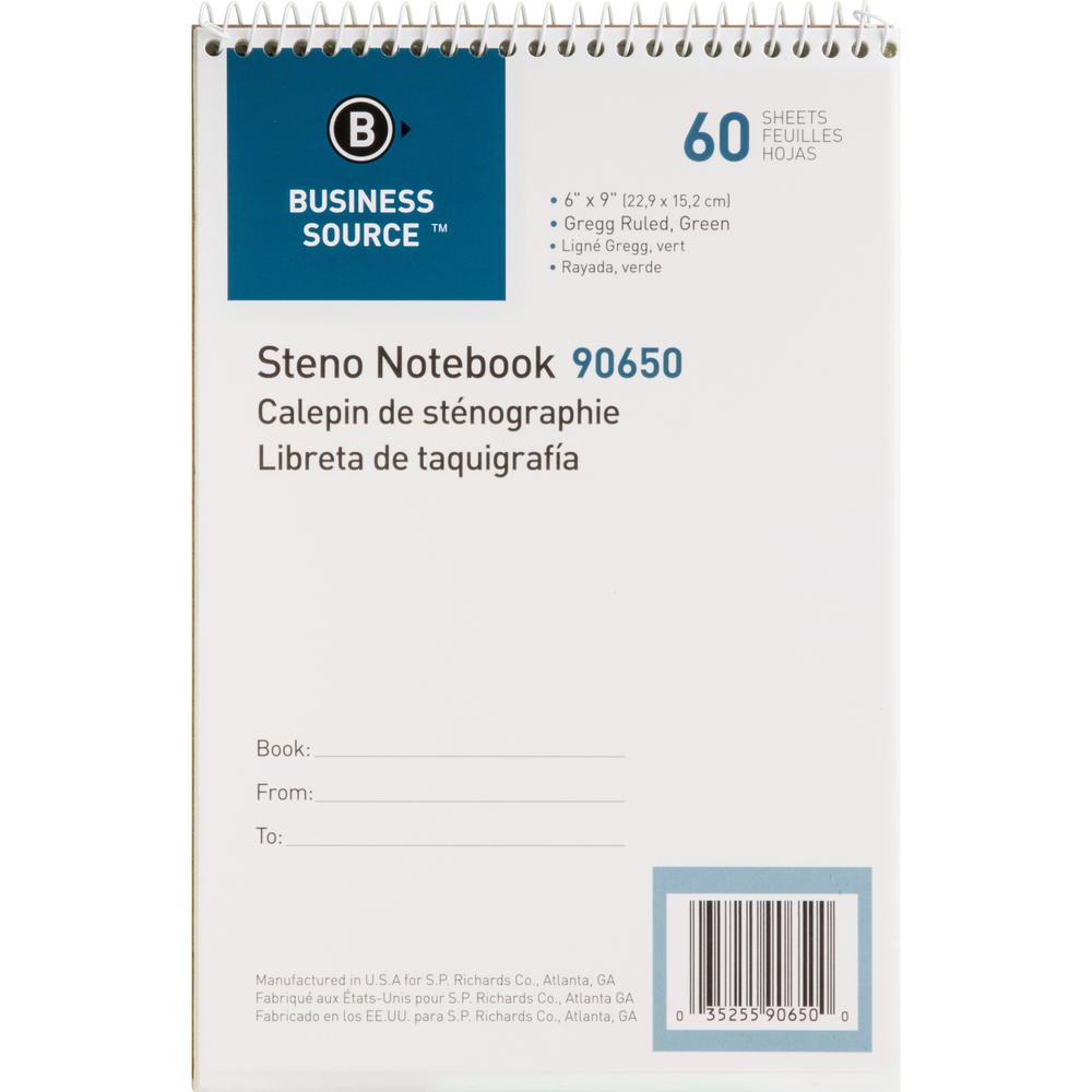 Business Source Steno Notebooks - 60 Sheets - Coilock - Gregg Ruled - 6" x 9" - Green Tint Paper - Stiff-back, Sturdy - 12 / Pack. Picture 3