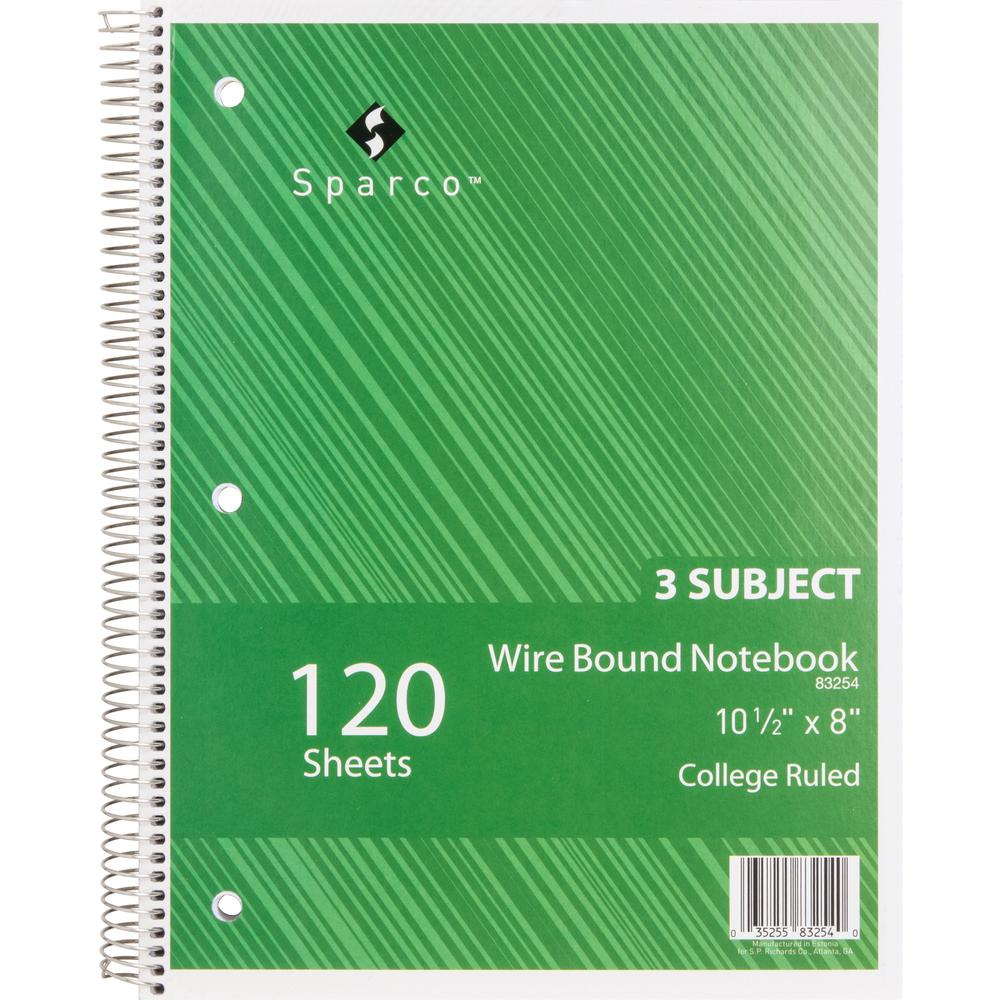 Sparco Wire Bound College Ruled Notebook - 120 Sheets - Wire Bound - College Ruled - Unruled Margin - 16 lb Basis Weight - 8" x 10 1/2" - Assorted Paper - AssortedChipboard Cover - Resist Bleed-throug. Picture 3