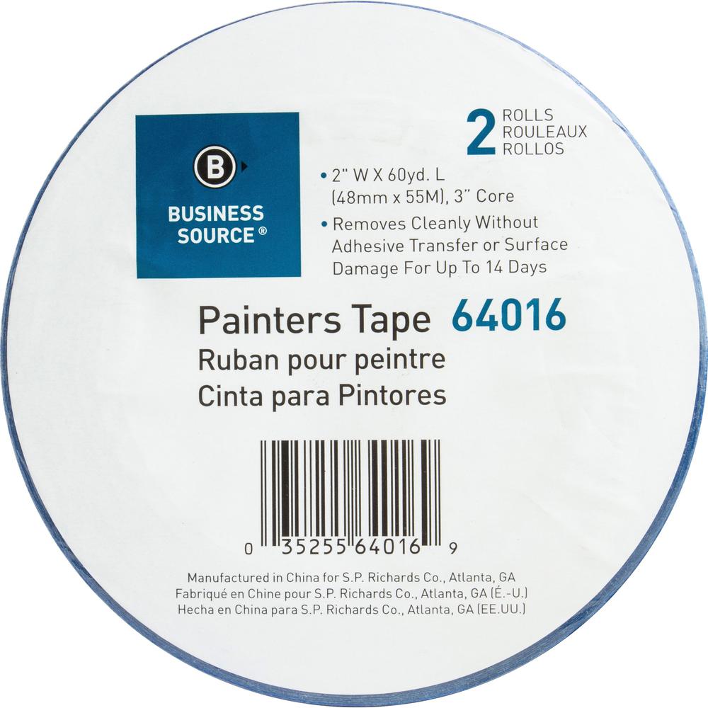 Business Source Multisurface Painter's Tape - 60 yd Length x 2" Width - 5.5 mil Thickness - 2 / Pack - Blue. Picture 3