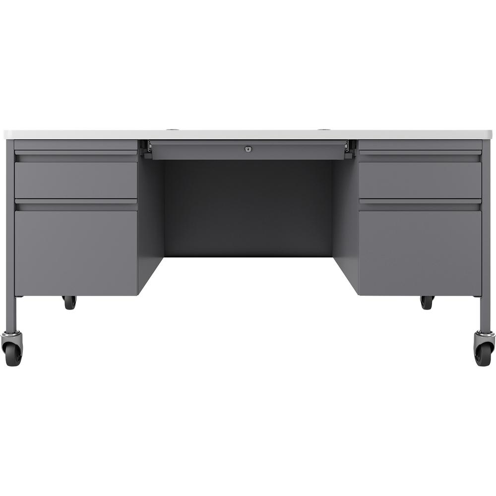 Lorell Fortress White/Platinum Steel Teachers Desk - 60" x 30" x 29.5" - Box Drawer(s), File Drawer(s) - Double Pedestal - T-mold Edge - Material: Steel Frame - Finish: Platinum Frame, White Laminate . Picture 2