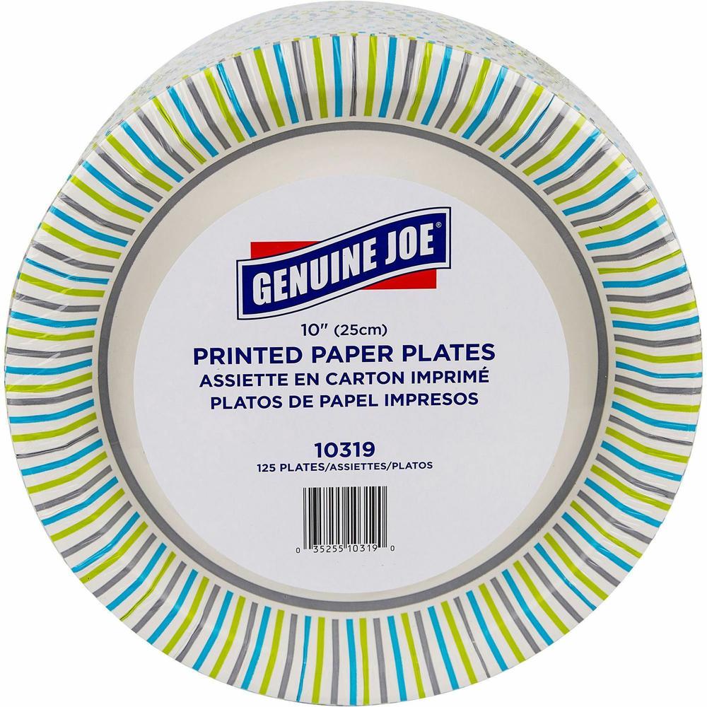 Genuine Joe 10" Printed Paper Plates - Disposable - 10" Diameter - Multi - 125 / Pack. Picture 3