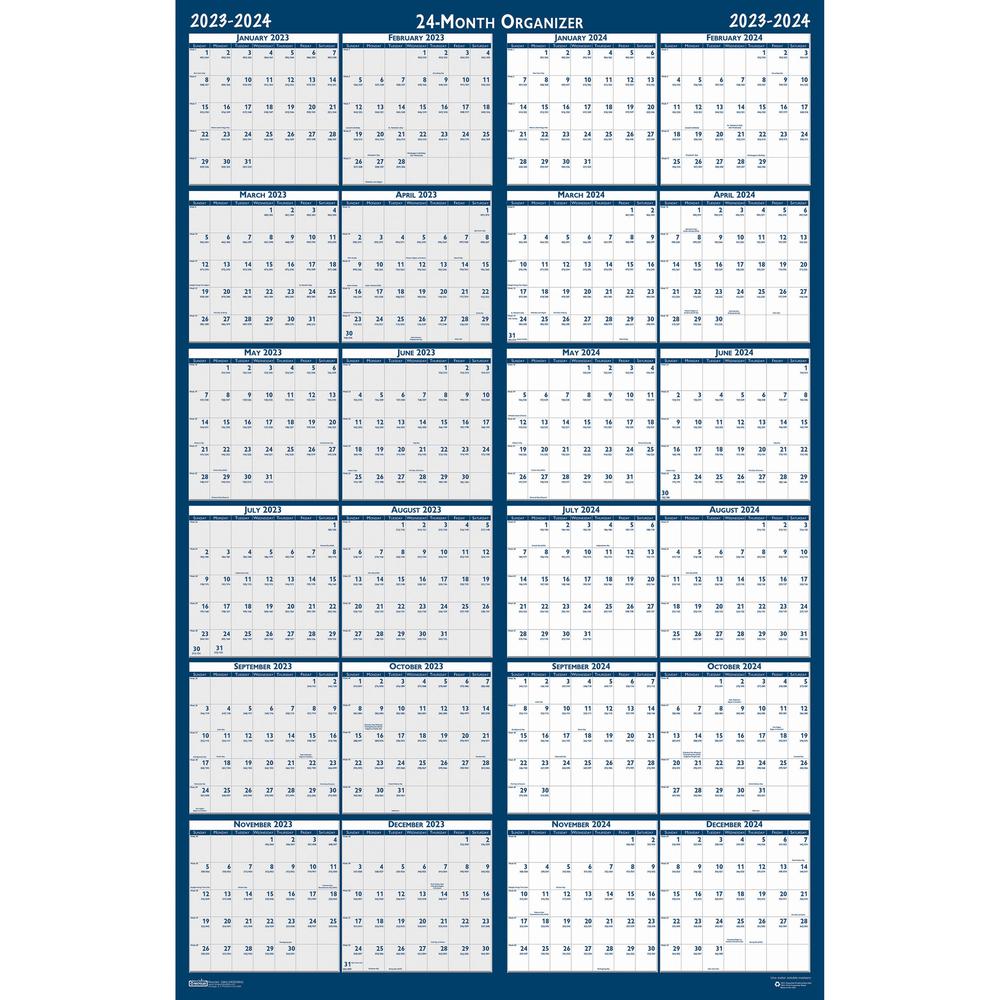 House of Doolittle 2 Year Wipe Off Classic Wall Calendar - Julian Dates - Yearly - 24 Month - January 2024 - December 2024 - 37" x 24" Sheet Size - Wire Bound - Blue - 6" Height - Laminated, Write on/. Picture 2