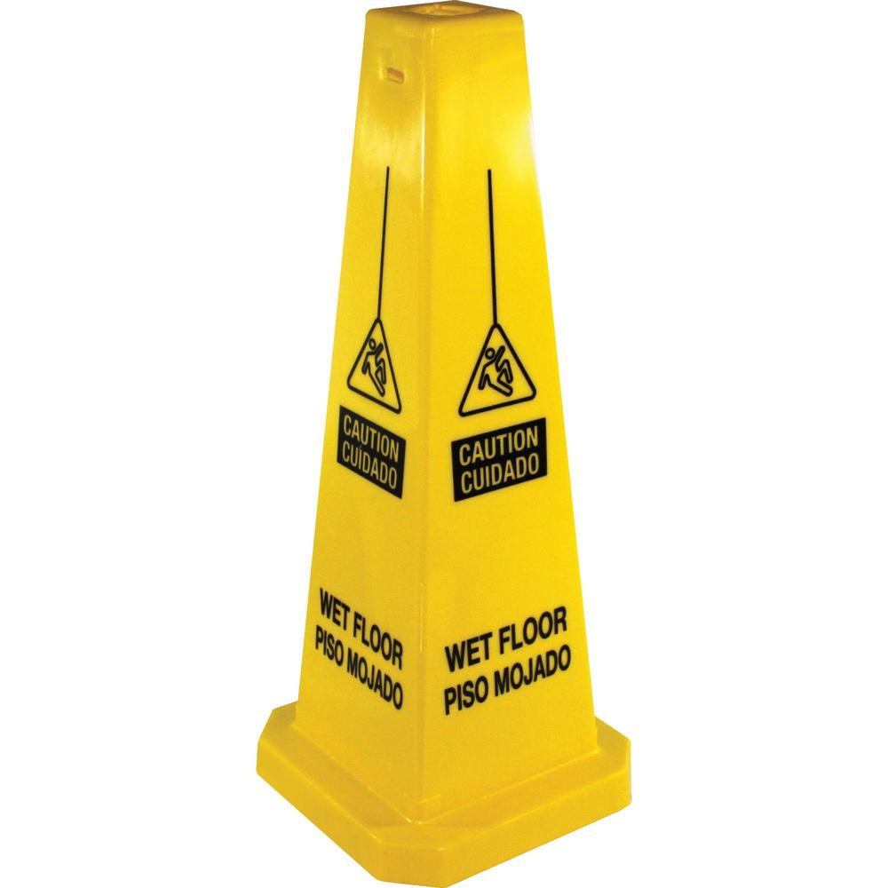 Genuine Joe Bright 4-sided Caution Safety Cone - 5 / Carton - English, Spanish - 10" Width x 24" Height x 10" Depth - Cone Shape - Stackable - Industrial - Polypropylene - Yellow. Picture 2