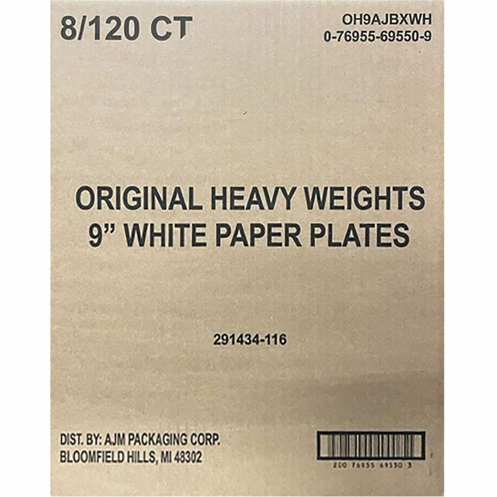 AJM 9" Original Heavyweight Plates - 120 / Pack - Serving, Reheating - Disposable - Microwave Safe - 9" Diameter - White - Paper Body - 8 / Carton. Picture 3