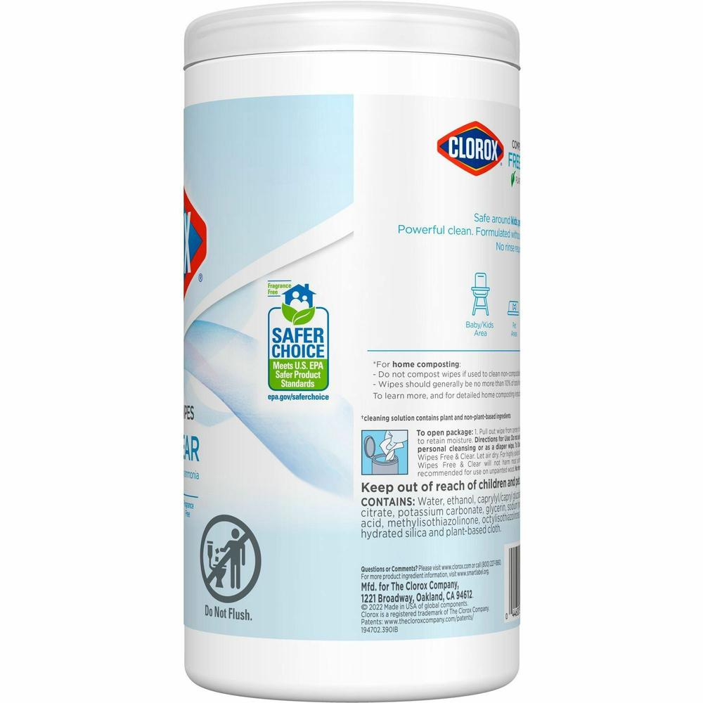Clorox Free & Clear Compostable All Purpose Cleaning Wipes - 4.25" Length x 4.25" Width - 75 / Tub - 6 / Carton - Bleach-safe, Dye-free, Scent-free, Durable, Residue-free - White. Picture 5
