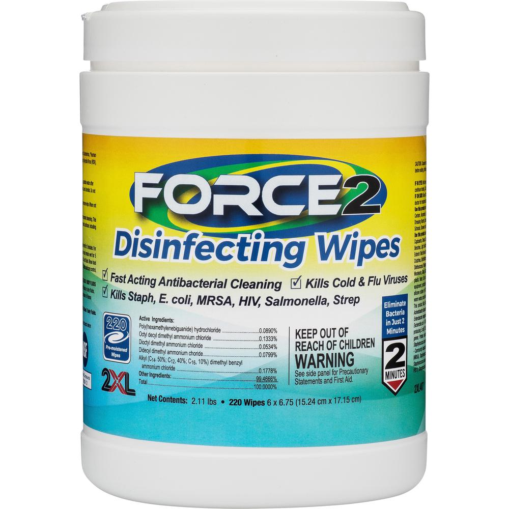 2XL FORCE2 Disinfecting Wipes - 6.75" Length x 6" Width - 220 / Tub - 6 / Carton - Fast Acting, Non-toxic, Non-irritating, Pre-moistened, Alcohol-free, Phenol-free, Bleach-free, Ammonia-free - White. Picture 3