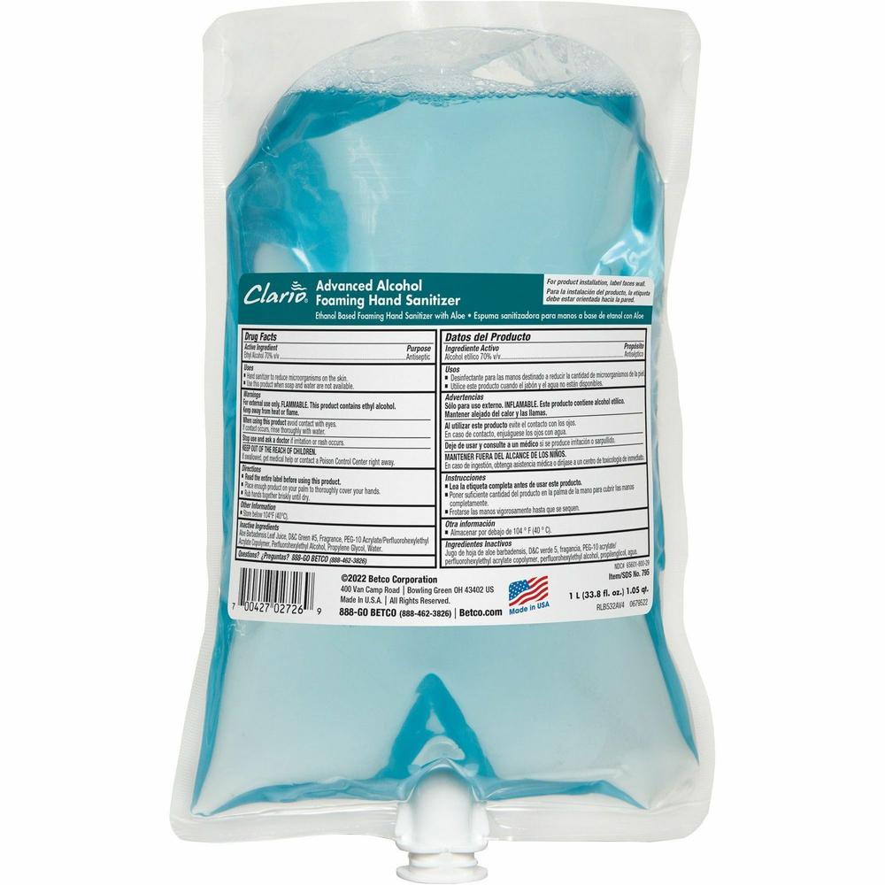 Betco Advanced Hand Sanitizer Foam Refill - Citrus Scent - 33.8 fl oz (1000 mL) - Kill Germs - Hand - Moisturizing - Light Blue - Residue-free, Anti-irritant, Non-drying, Non-sticky - 6 / Carton. Picture 2