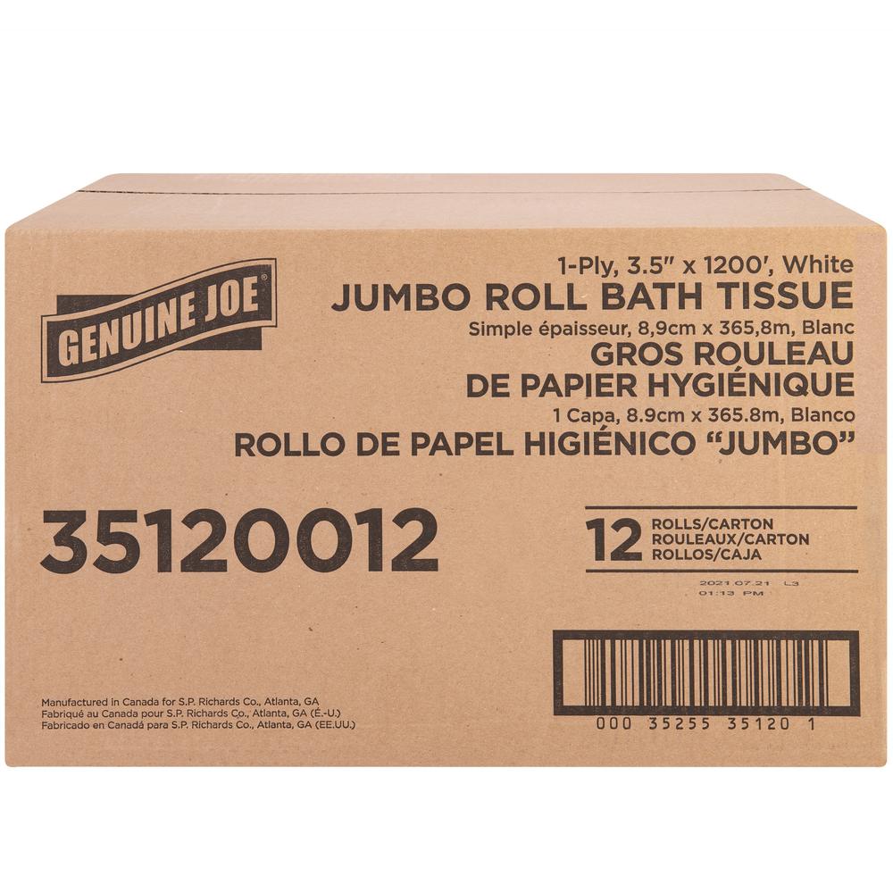 Genuine Joe 1-ply Jumbo Roll Bath Tissue - 1 Ply - 3.63" x 1200 ft - 8.88" Roll Diameter - White - Fiber - 12 / Carton. Picture 10