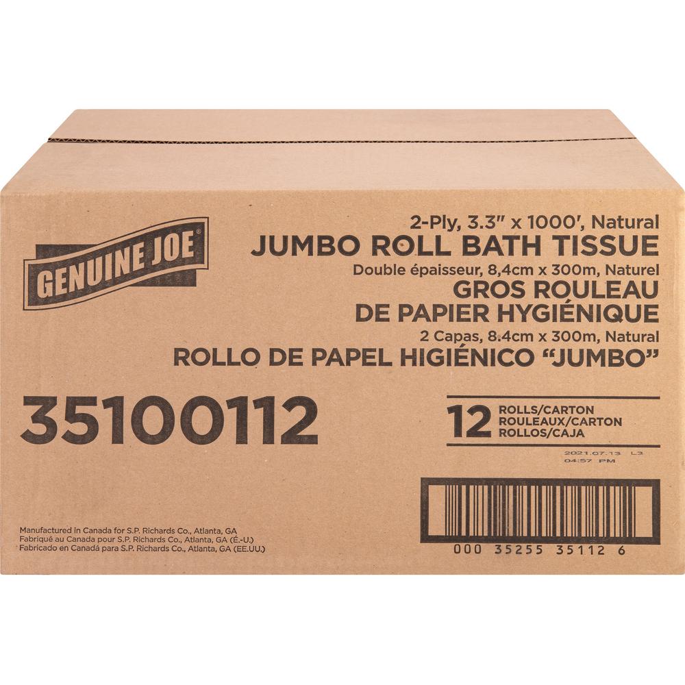 Genuine Joe Jumbo Jr Dispenser Bath Tissue Roll - 2 Ply - 3.30" x 1000 ft - 8.88" Roll Diameter - White - Fiber - 12 / Carton. Picture 7