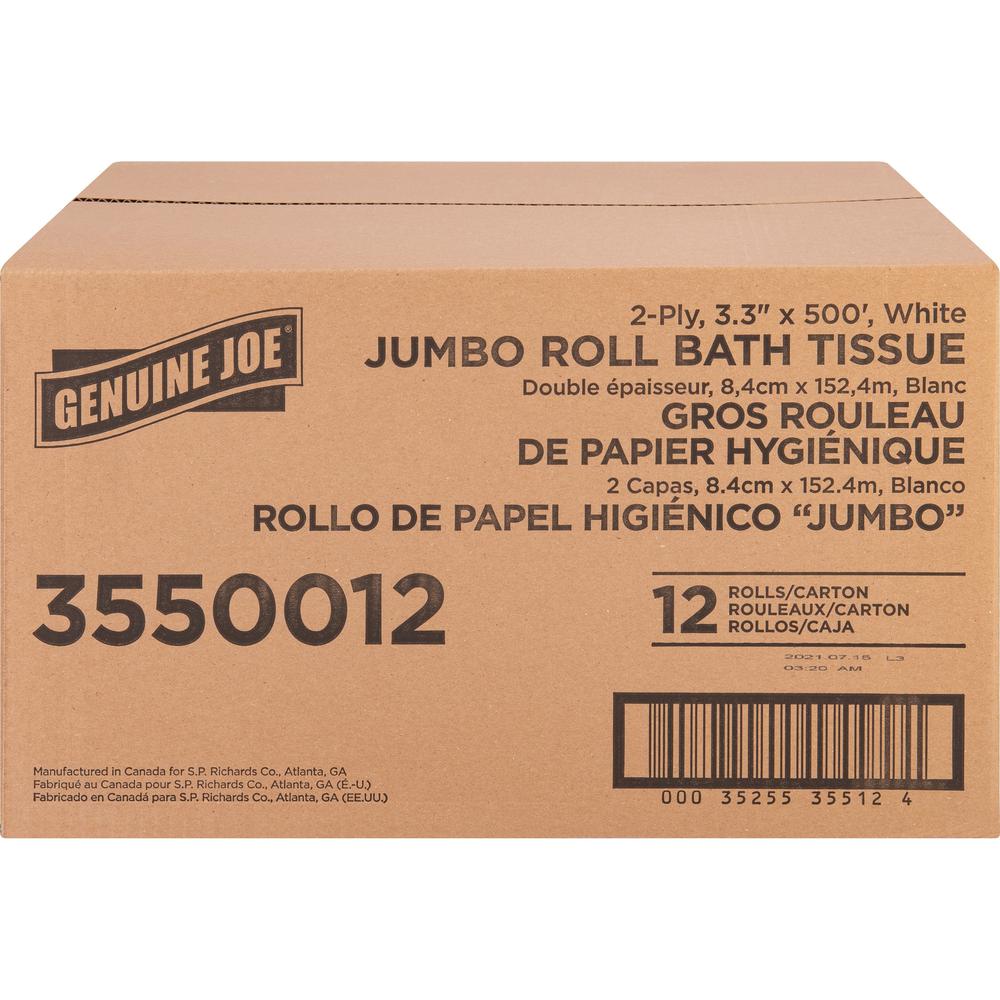 Genuine Joe Jumbo Jr Dispenser Bath Tissue Roll - 2 Ply - 3.30" x 500 ft - 8.88" Roll Diameter - White - Fiber - 12 / Carton. Picture 6