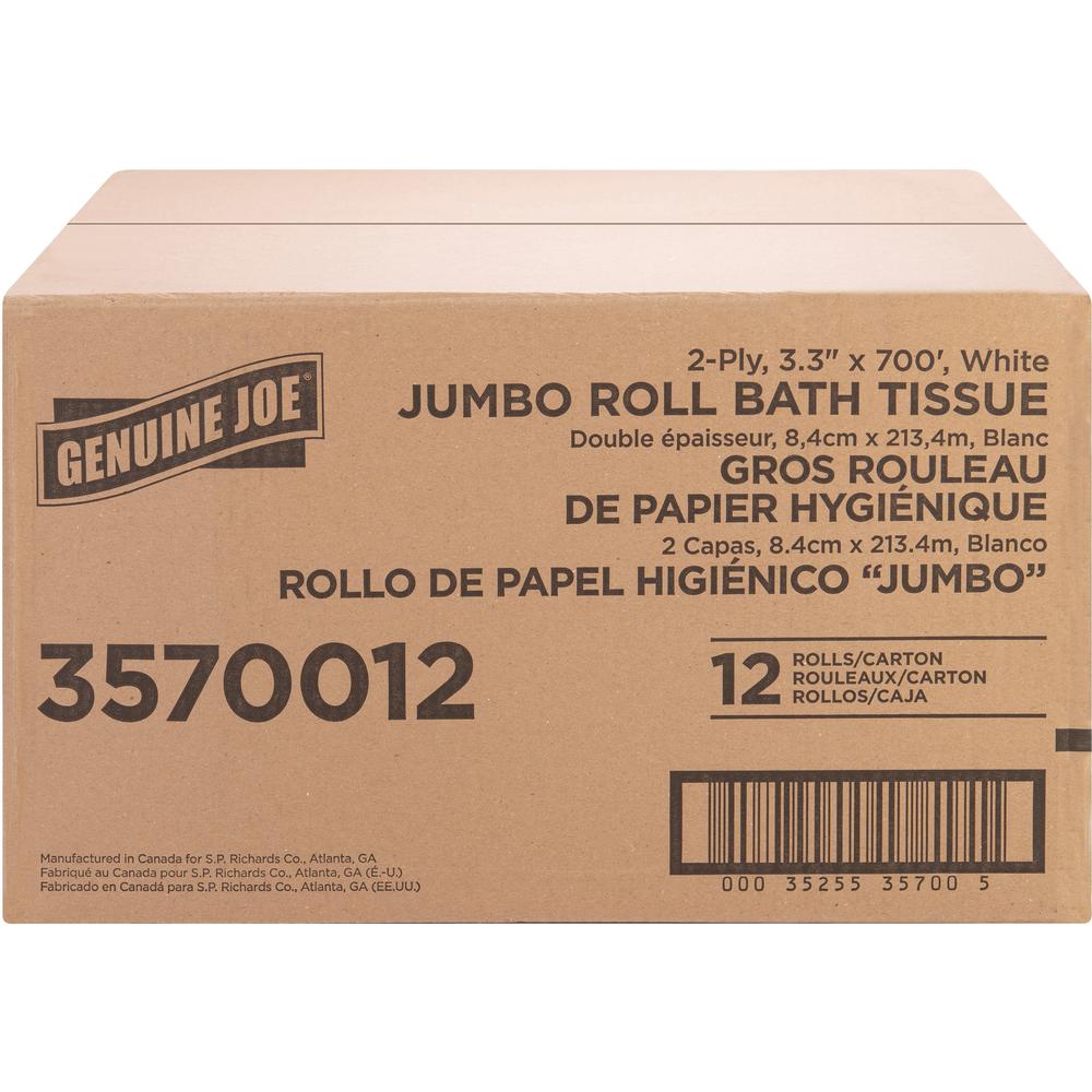Genuine Joe Jumbo Jr Dispenser Bath Tissue Roll - 2 Ply - 3.30" x 700 ft - 8.88" Roll Diameter - White - Fiber - 12 / Carton. Picture 9