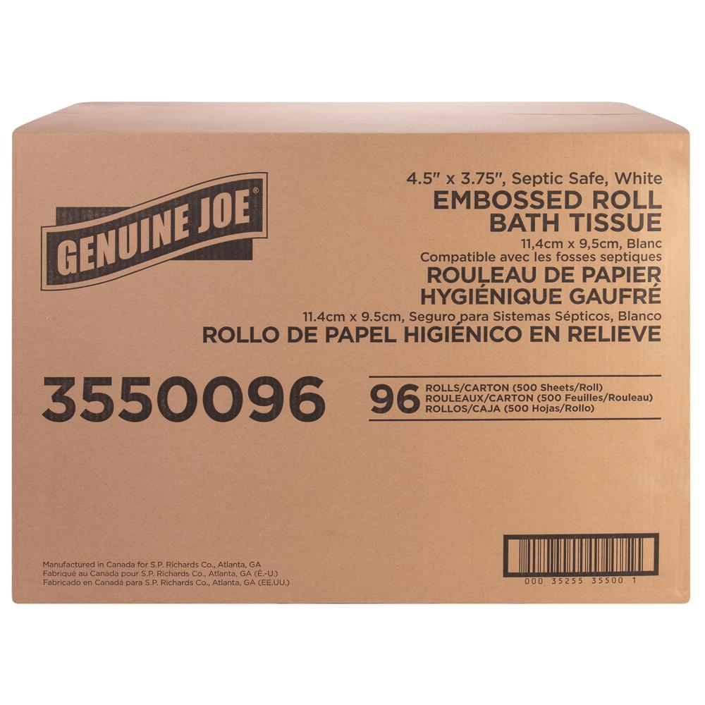 Genuine Joe 2-ply Bath Tissue - 2 Ply - 4.50" x 3.80" - 500 Sheets/Roll - White - Fiber - 96 / Carton. Picture 2