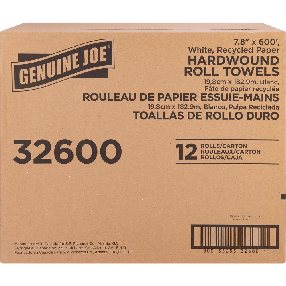 Genuine Joe Hardwound Roll Paper Towels - 7.80" x 600 ft - 2" Core - White - Paper - 12 / Carton. Picture 6