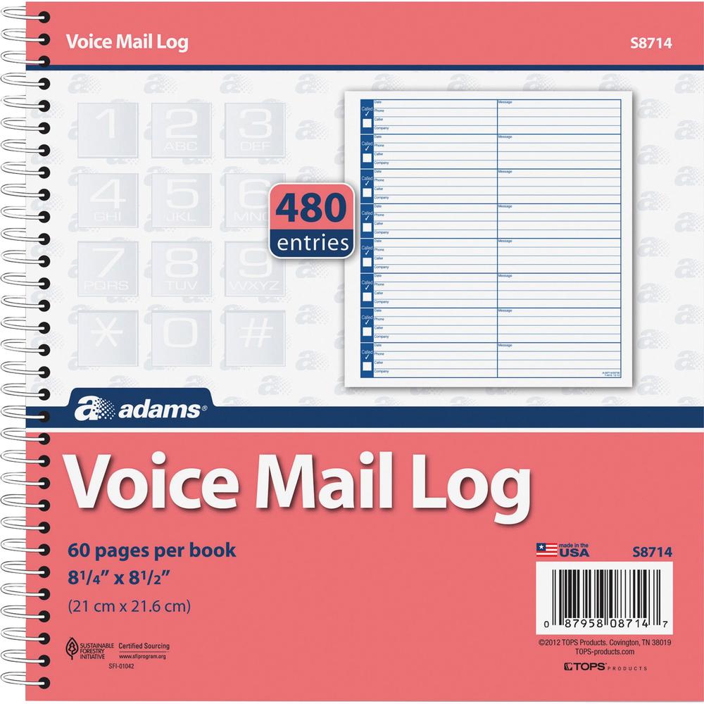 Adams Voice Mail Log Book - 60 Sheet(s) - Spiral Bound - 7.50" x 8.50" Sheet Size - 2 / Pack. Picture 4