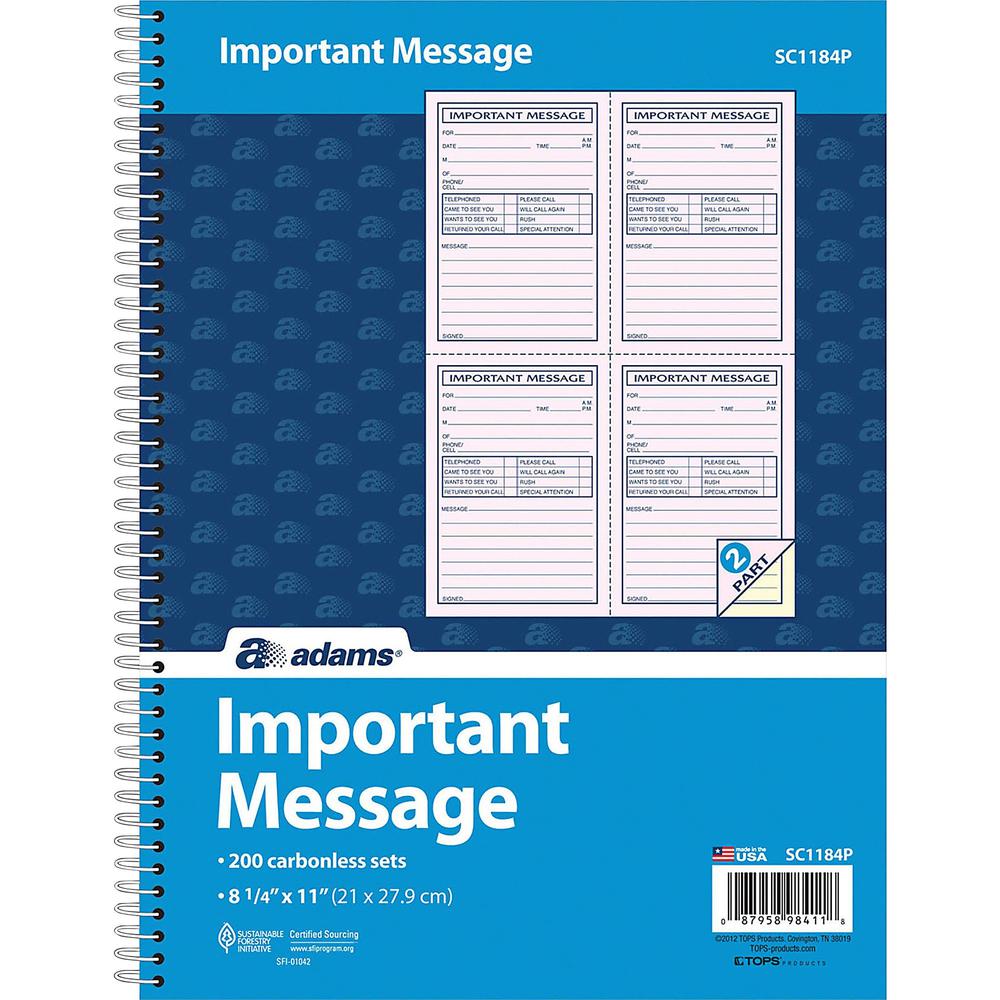 Adams Carbonless Important Message Pad - 200 Sheet(s) - Spiral Bound - 2 PartCarbonless Copy - 8.50" x 11" Sheet Size - Assorted Sheet(s) - 1 Each. Picture 4