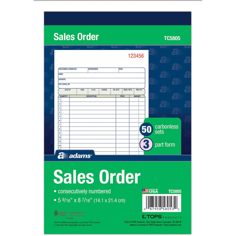 Adams Carbonless 3-part Sales Order Books - 50 Sheet(s) - 3 PartCarbonless Copy - 5.56" x 8.43" Sheet Size - White, Canary, Pink - Assorted Sheet(s) - 1 Each. Picture 2