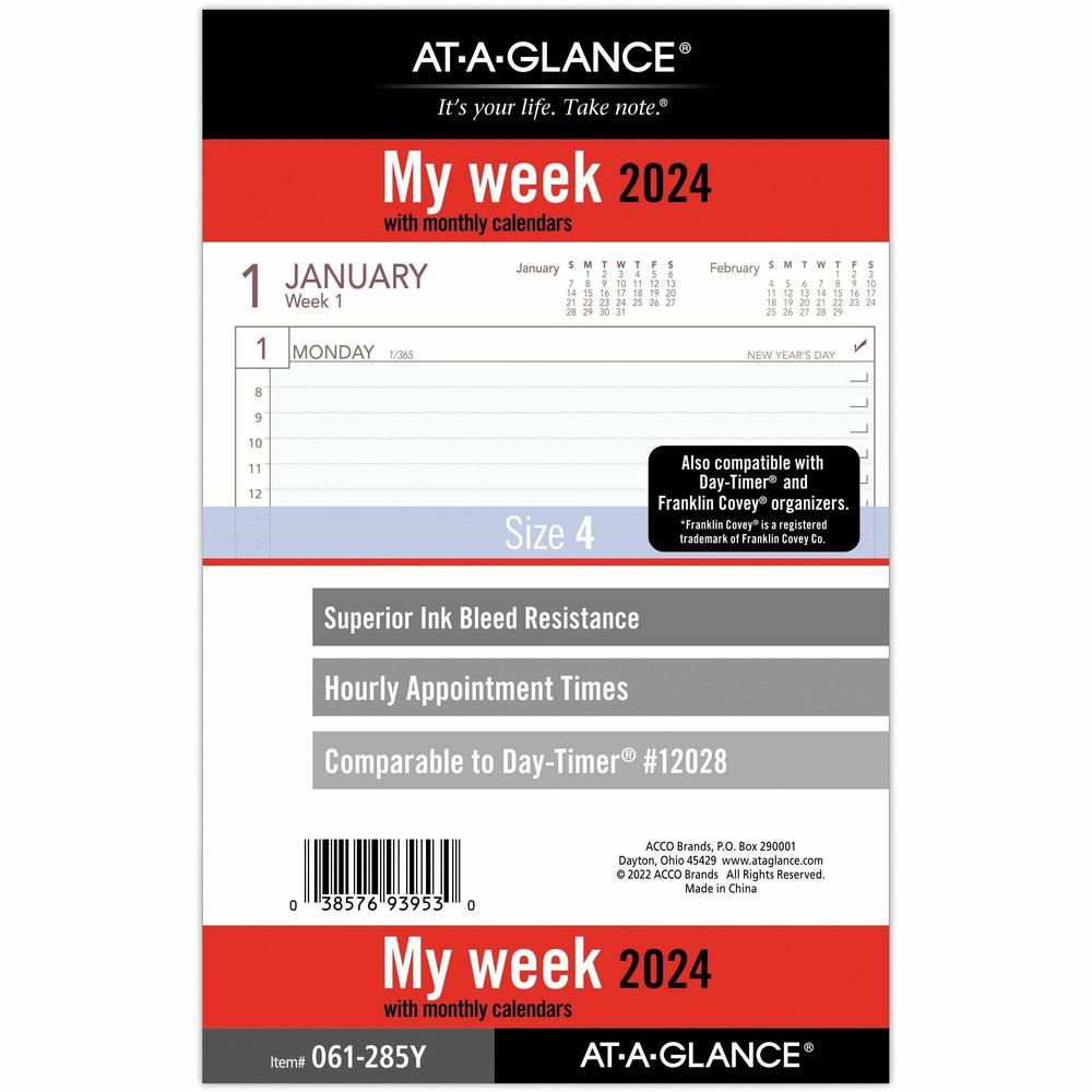At-A-Glance 2024 Weekly Planner Refill, Loose-Leaf, Desk Size, 5 1/2" x 8 1/2" - Business - Julian Dates - Weekly - 1 Year - January 2024 - December 2024 - 8:00 AM to 5:00 PM - Hourly, Monday - Friday. Picture 3