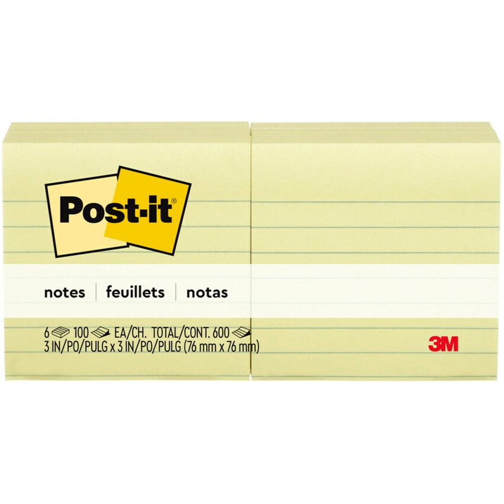 Post-it&reg; Lined Notes - 600 x Canary Yellow - 3" x 3" - Square - 100 Sheets per Pad - Ruled - Yellow - Paper - Self-adhesive, Repositionable, Removable - 6 / Pack. Picture 2