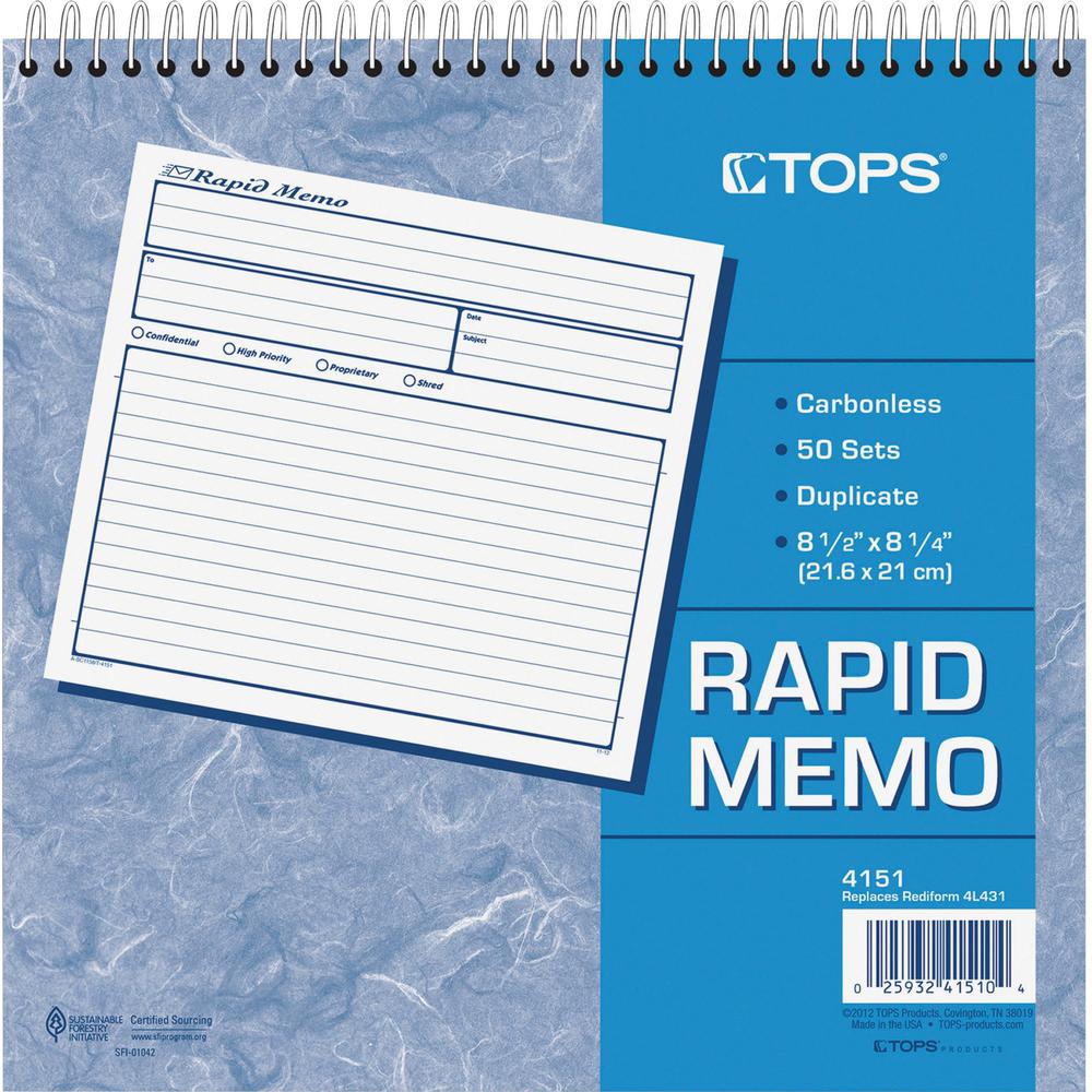 TOPS Rapid Memo Book - Spiral Bound - 2 PartCarbonless Copy - 8.50" x 7.75" Sheet Size - Assorted Sheet(s) - 1 Each. Picture 5
