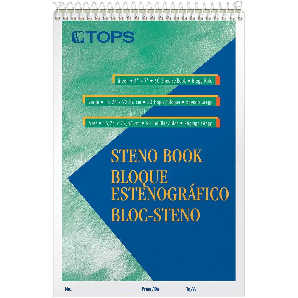 TOPS Green Tint Steno Books - 60 Sheets - Wire Bound - Ruled Margin - 6" x 9" - Green Paper - Hardboard Cover - WireLock - 12 / Pack. Picture 2