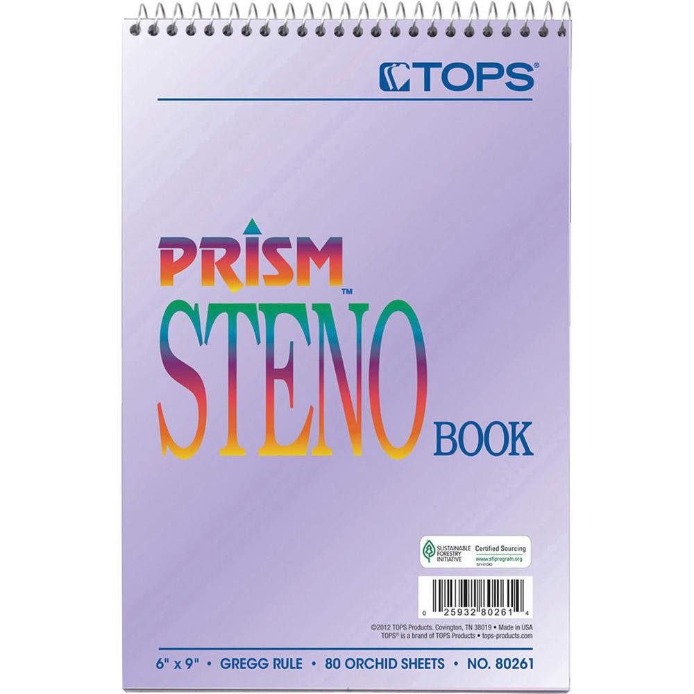 TOPS Prism Steno Books - 80 Sheets - Wire Bound - Gregg Ruled Margin - 6" x 9" - Orchid Paper - Perforated, Stiff-back, WireLock - 4 / Pack. Picture 2