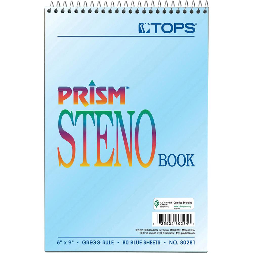TOPS Prism Steno Books - 80 Sheets - Wire Bound - Gregg Ruled - 6" x 9" - Blue Paper - Perforated, Stiff-back, WireLock - 4 / Pack. Picture 2