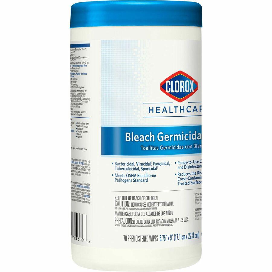 Clorox Healthcare Bleach Germicidal Wipes - Ready-To-Use - 9" Length x 6.75" Width - 70 / Canister - 1 Each - Disinfectant, Antimicrobial, Anti-corrosive, Unscented - White. Picture 15