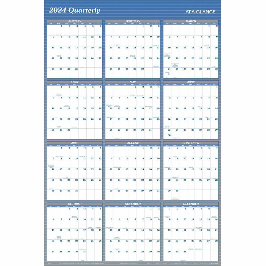 At-A-Glance Vertical Horizontal Reversible Erasable Wall Calendar - Extra Large Size - Yearly - 12 Month - January 2024 - December 2024 - 48" x 32" White Sheet - Blue - Laminate - Erasable, Reversible. Picture 3