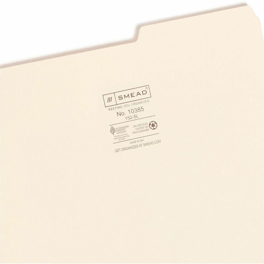 Smead 2/5 Tab Cut Letter Recycled Top Tab File Folder - 8 1/2" x 11" - 3/4" Expansion - Top Tab Location - Right Tab Position - Manila - 10% Recycled - 100 / Box. Picture 7