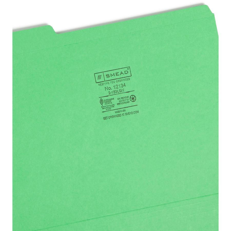 Smead Colored 1/3 Tab Cut Letter Recycled Top Tab File Folder - 8 1/2" x 11" - 3/4" Expansion - Top Tab Location - Assorted Position Tab Position - Green - 10% Recycled - 100 / Box. Picture 8
