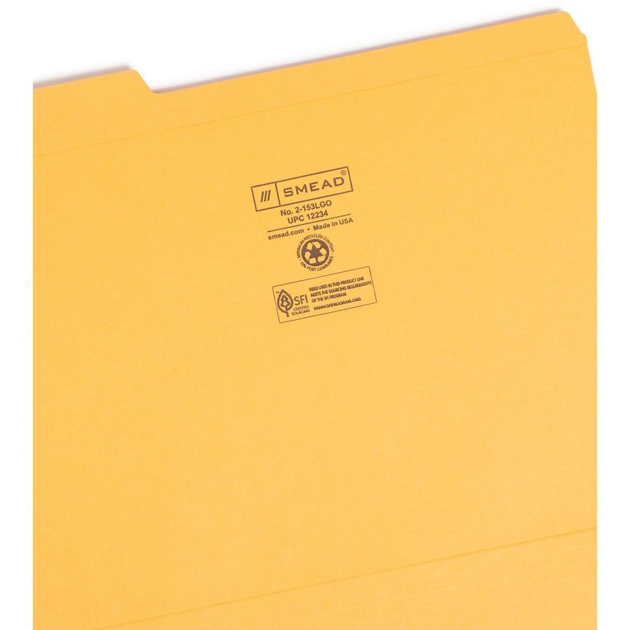 Smead Colored 1/3 Tab Cut Letter Recycled Top Tab File Folder - 8 1/2" x 11" - 3/4" Expansion - Top Tab Location - Assorted Position Tab Position - Goldenrod - 10% Recycled - 100 / Box. Picture 4