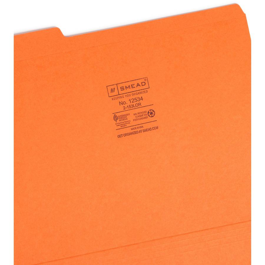 Smead Colored 1/3 Tab Cut Letter Recycled Top Tab File Folder - 8 1/2" x 11" - 3/4" Expansion - Top Tab Location - Assorted Position Tab Position - Orange - 10% Recycled - 100 / Box. Picture 8