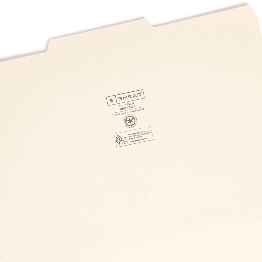 Smead 1/3 Tab Cut Legal Recycled Top Tab File Folder - 8 1/2" x 14" - 3/4" Expansion - Top Tab Location - Second Tab Position - Manila - Manila - 10% Recycled - 100 / Box. Picture 7