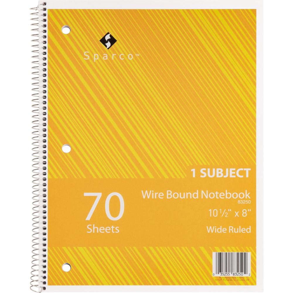 Sparco Quality Wirebound Wide Ruled Notebooks - 70 Sheets - Wire Bound - Wide Ruled - Unruled - 16 lb Basis Weight - 8" x 10 1/2" - Bright White Paper - Assorted Cover - Chipboard Cover - Bleed-free, . Picture 2