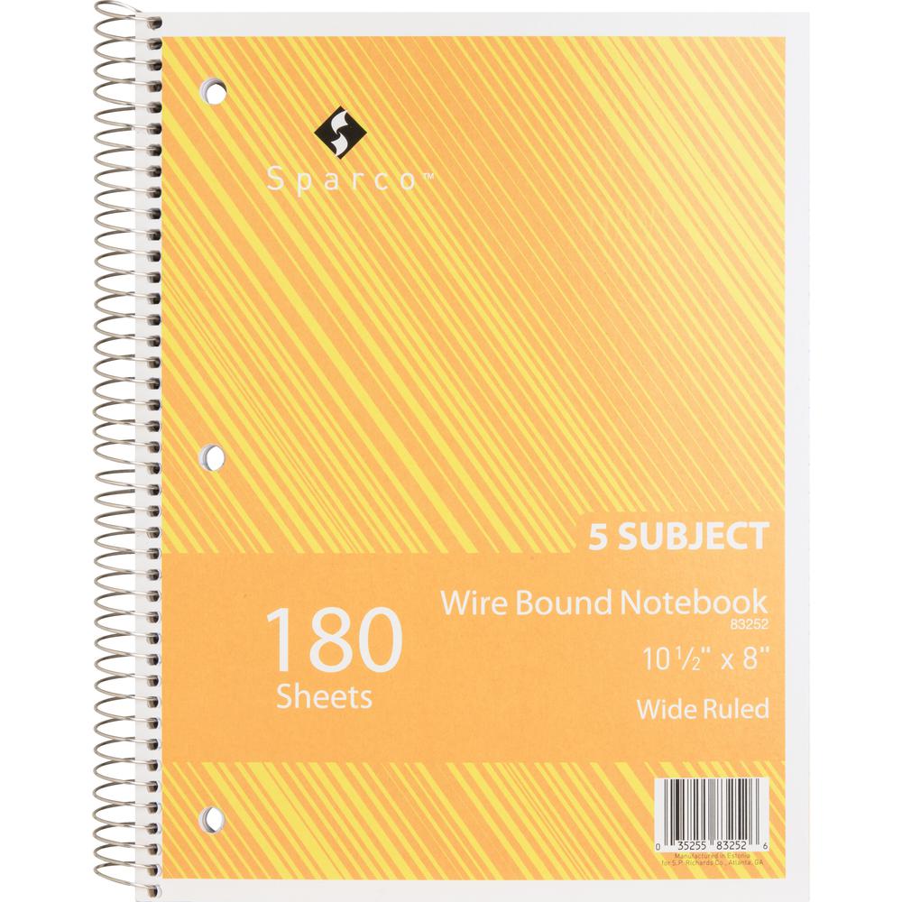 Sparco Quality Wirebound Wide Ruled Notebooks - 180 Sheets - Wire Bound - Wide Ruled - Unruled - 16 lb Basis Weight - 8" x 10 1/2" - Bright White Paper - Assorted Cover - Chipboard Cover - Resist Blee. Picture 6