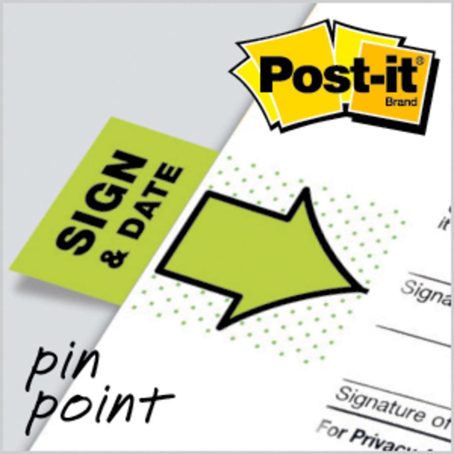 Post-it&reg; Message Flags - 100 x Green - 1" x 1.75" - Arrow, Rectangle - Unruled - "Sign & Date" - Green - Removable, Self-adhesive - 1 / Pack. Picture 2