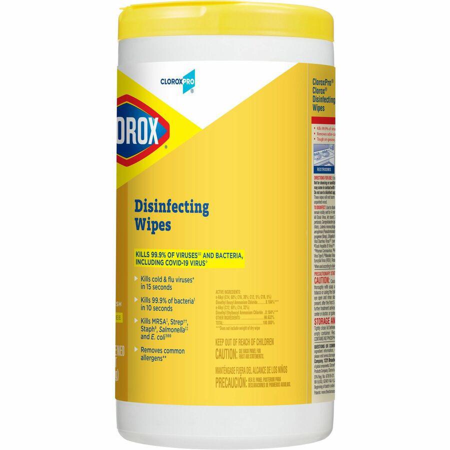 CloroxPro&trade; Disinfecting Wipes - For Multipurpose - Ready-To-Use - Lemon Fresh Scent - 75 / Canister - 6 / Carton - Pleasant Scent, Disinfectant, Pre-moistened, Textured, Streak-free, Bleach-free. Picture 15