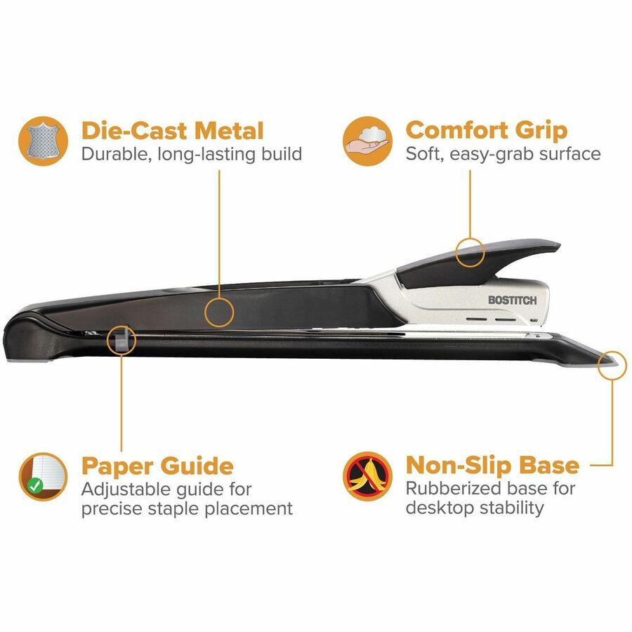Bostitch Long Reach Antimicrobial Stapler - 25 of 30lb Paper Sheets Capacity - 210 Staple Capacity - Full Strip - 1/4" Staple Size - 1 Each - Black, Silver. Picture 10