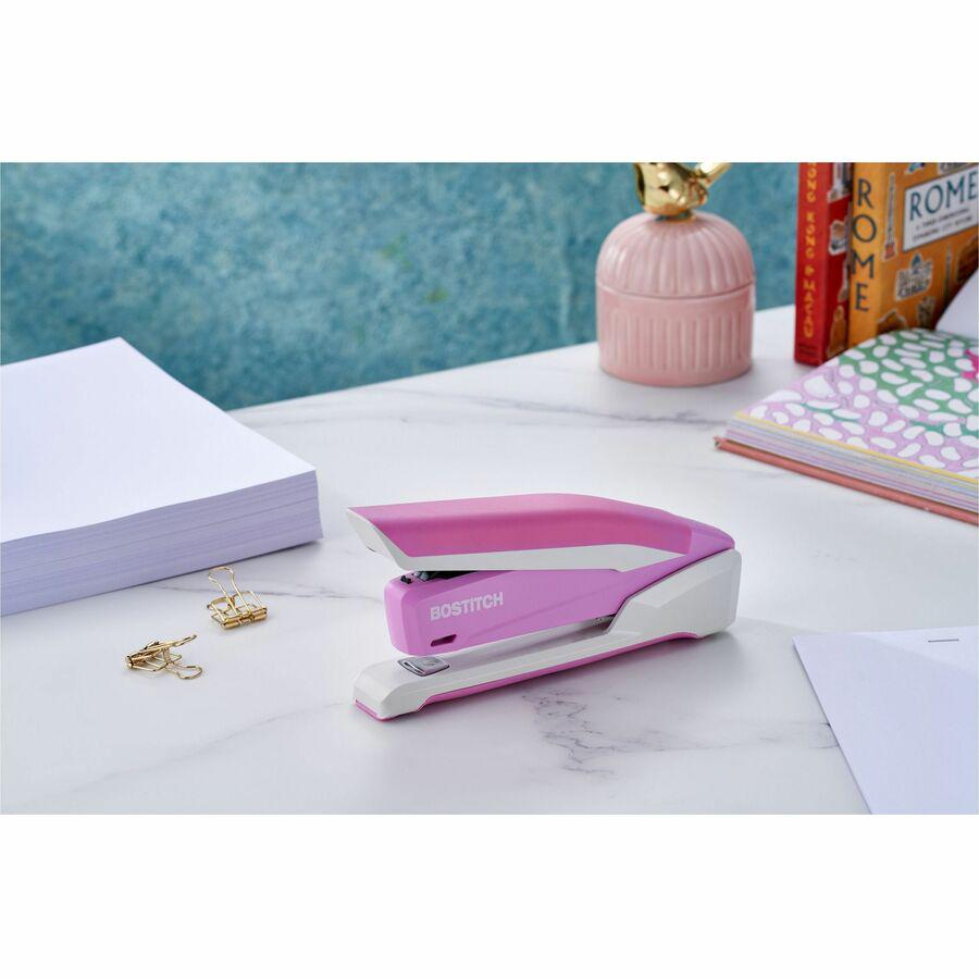 Bostitch InCourage Spring-Powered Antimicrobial Desktop Stapler - 20 of 20lb Paper Sheets Capacity - 210 Staple Capacity - Full Strip - 1 Each - Pink, White. Picture 12