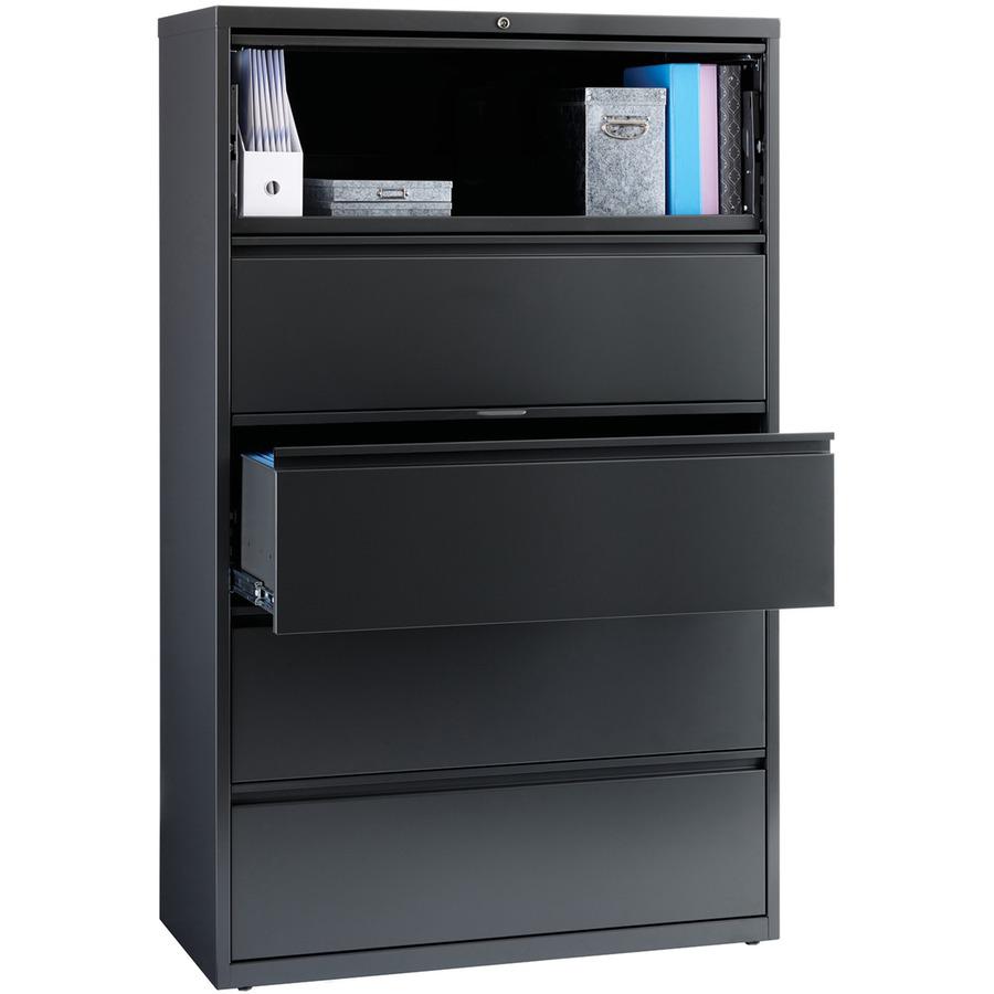 Lorell Fortress Series Lateral File w/Roll-out Posting Shelf - 42" x 18.6" x 67.7" - 5 x Drawer(s) - Legal, Letter, A4 - Lateral - Rust Proof, Leveling Glide, Interlocking - Charcoal - Steel - Recycle. Picture 9