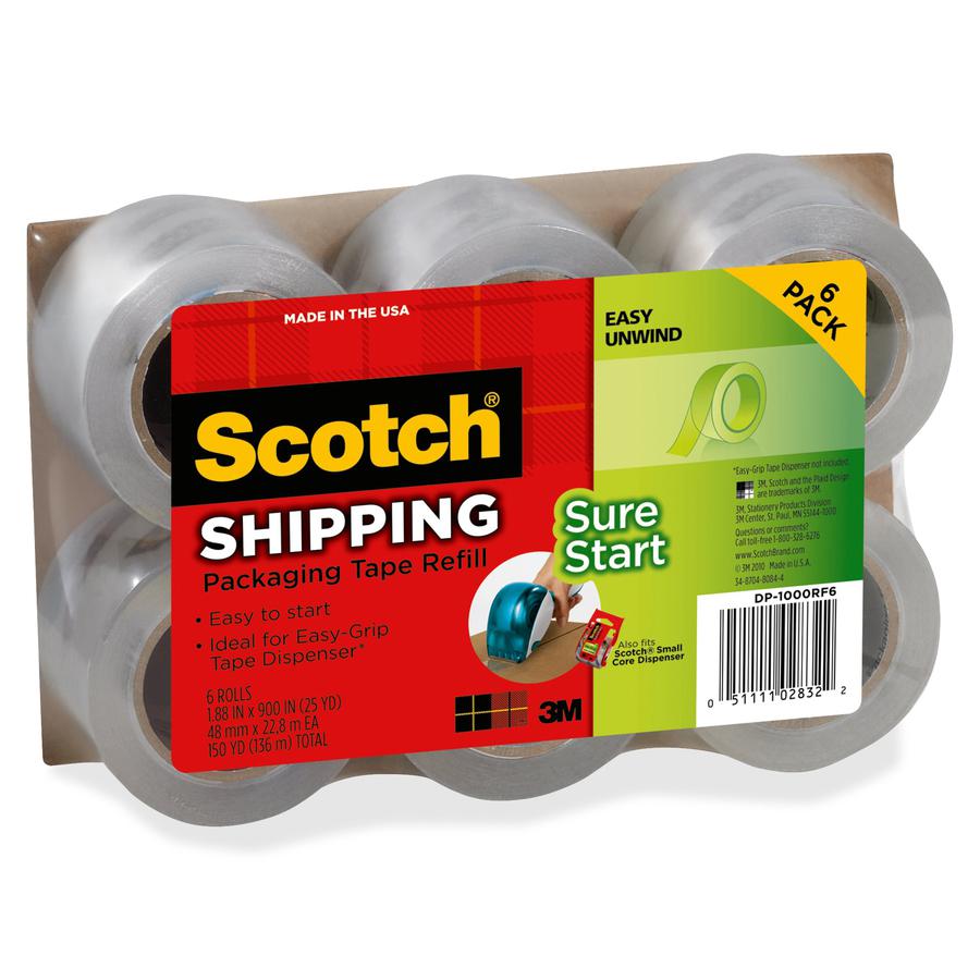 Scotch Sure Start Packaging Tape - 22.20 yd Length x 1.88" Width - 2.6 mil Thickness - 1.50" Core - Synthetic Rubber Resin - 6 / Pack - Clear. Picture 2