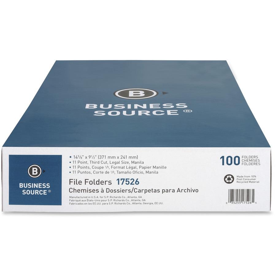 Business Source 1/3 Tab Cut Legal Recycled Top Tab File Folder - 8 1/2" x 14" - 3/4" Expansion - Top Tab Location - Assorted Position Tab Position - Manila - Manila - 10% Recycled - 100 / Box. Picture 2