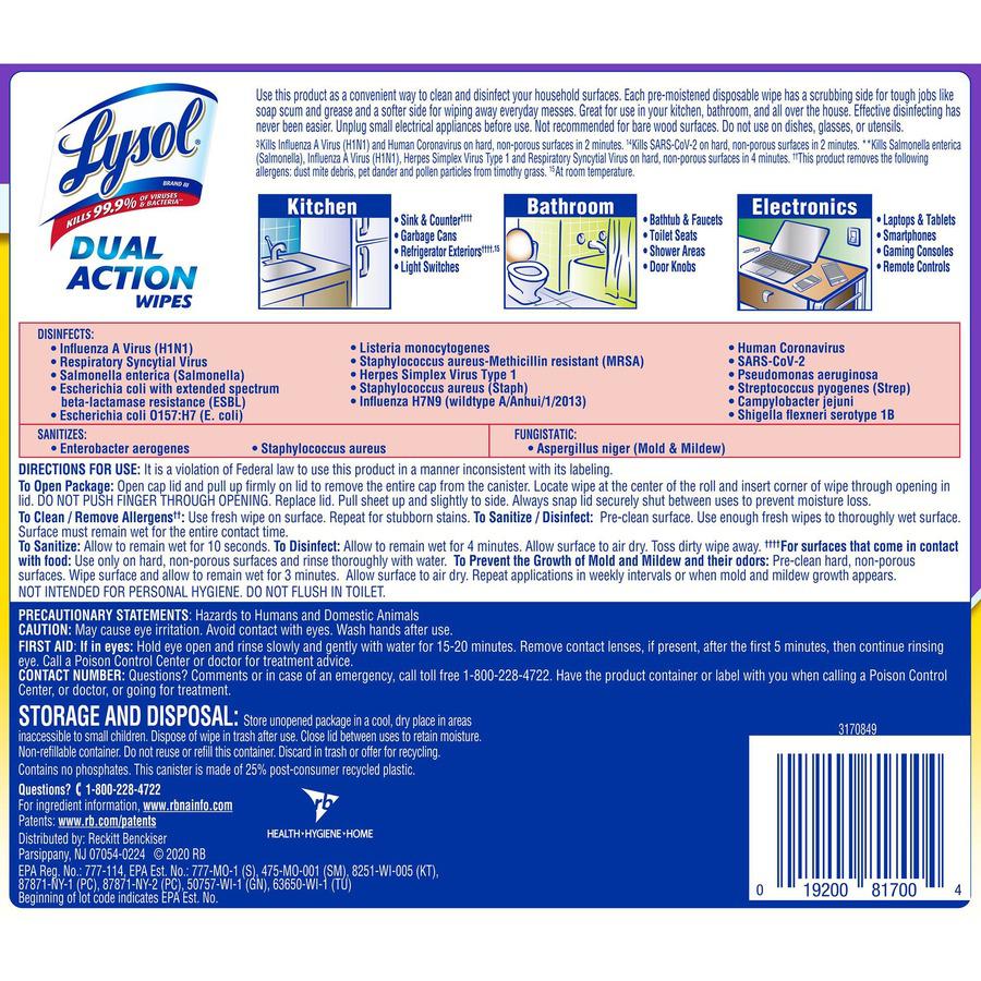 Lysol Dual Action Wipes - For Multipurpose - Citrus Scent - 7" Length x 7.25" Width - 75 / Canister - 1 Each - Pre-moistened, Anti-bacterial - White/Purple. Picture 7
