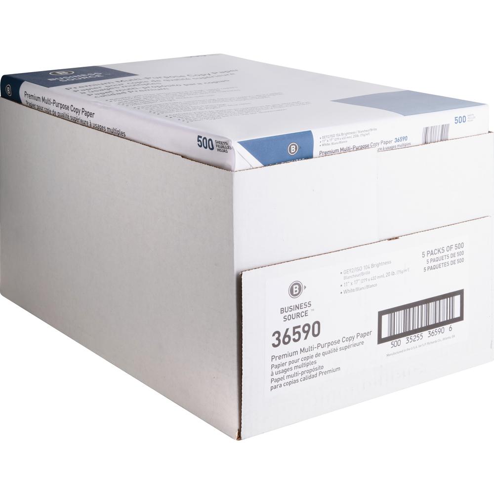 Business Source Premium Multipurpose Copy Paper - 92 Brightness - Ledger/Tabloid - 11" x 17" - 20 lb Basis Weight - 2500 / Carton - Acid-free - White. Picture 4